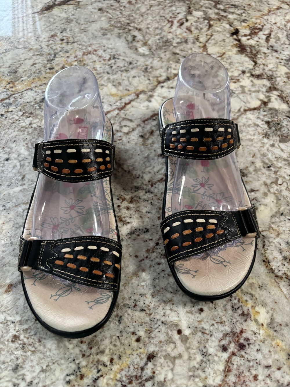 PIKOLINOS Black Leather Two-Strap Sandals with Tan Cutouts